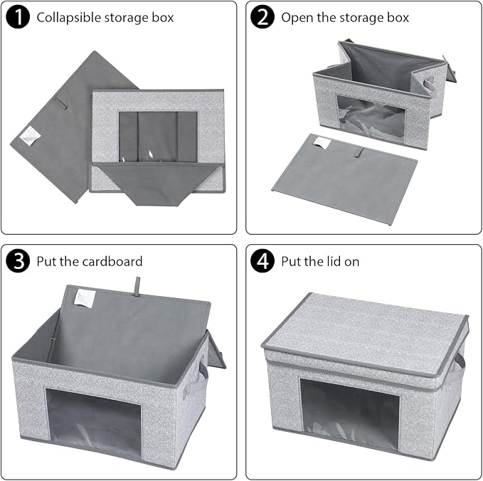 Univivi Fabric Storage Bins with Lids for Closet, 4 Pack, Grey | Fabric Foldable Storage Boxes, Sturdy Collapsible Storage Bins with Clear Window, Storage Cubes for Home, Closet, Shelves