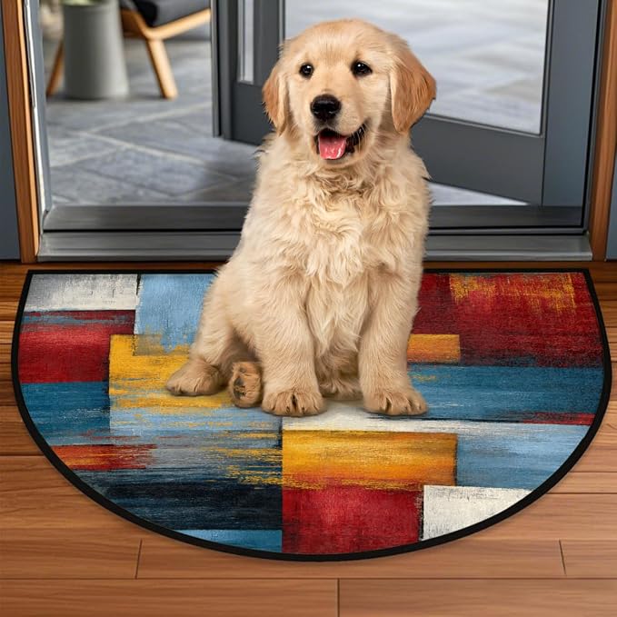 Abstract Half Round Doormat Semi Circle Rug Half Moon Rug Entryway Mat | Colorful Abstract Washable Non Slip Outdoor Floor Rug Kitchen Mat for Indoor Outdoor Bathroom Fireplace Bath Decor