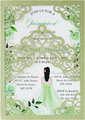 Hosmsua 50PCS Blank Sage Green Quinceanera Invitations with Envelopes, 5.1x7.3 Inch Laser Cut Floral Crown Pocket Invitation Cards for Quinceanera Birthday Quince Anos