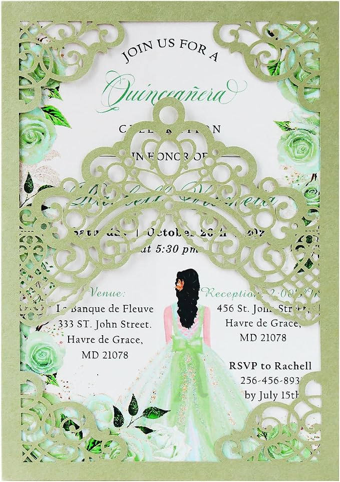 Hosmsua 50PCS Personalized Sage Green Quinceanera Invitations Kit 5.1x7.3 Inch Laser Cut Floral Crown Pocket Quince Invitation Cards with Envelopes for Birthday Bridal Shower