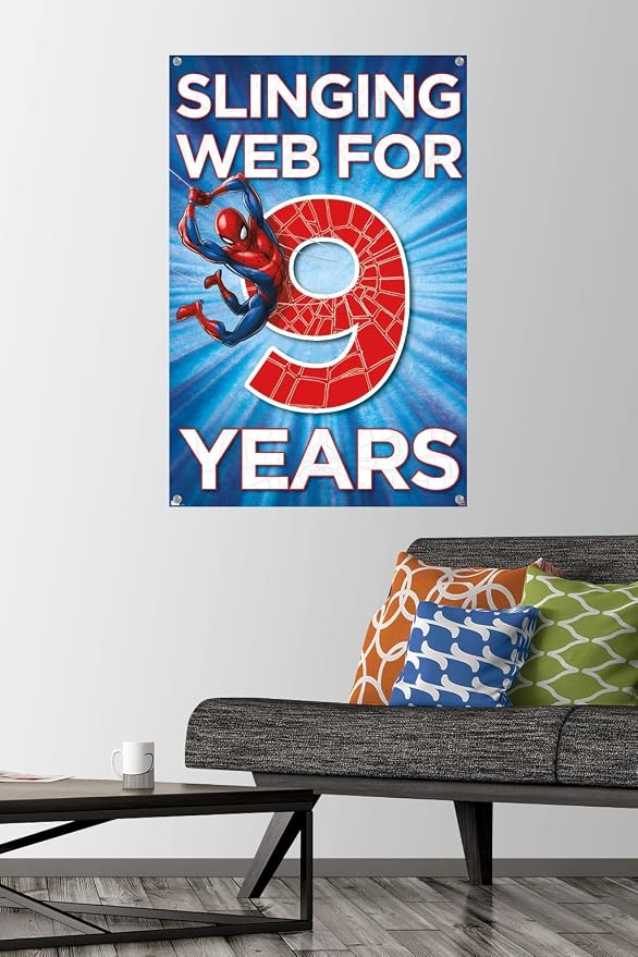 Trends International Marvel Spider-Man - Happy 9th Birthday Wall Poster, 22.37" x 34.00", Premium Poster & Push Pin Bundle