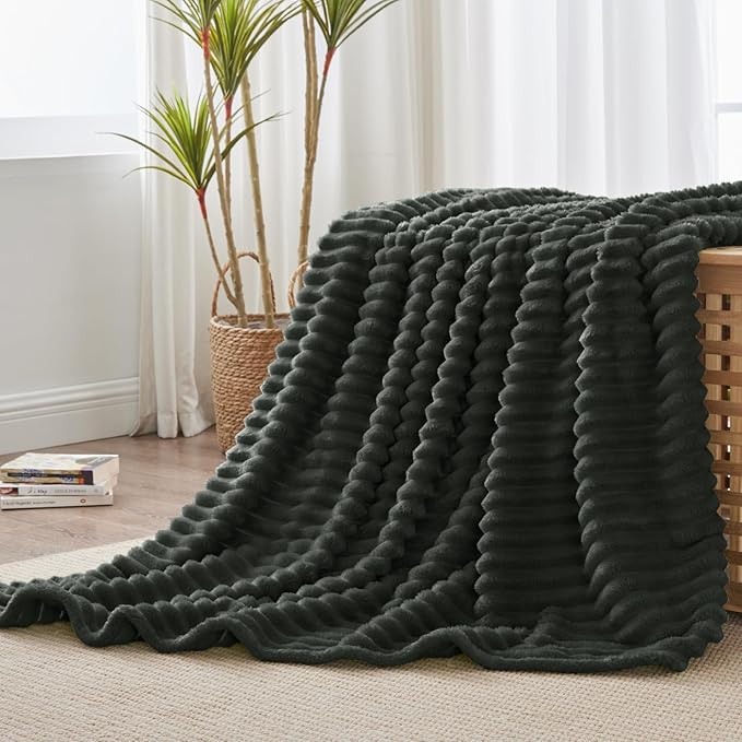 BEDELITE Fleece Throw Blanket for Couch - 300GSM Soft & Warm Fluffy Charcoal Grey Blanket, Decorative and Giftable Striped Blankets for Women, Men, 50"x60"
