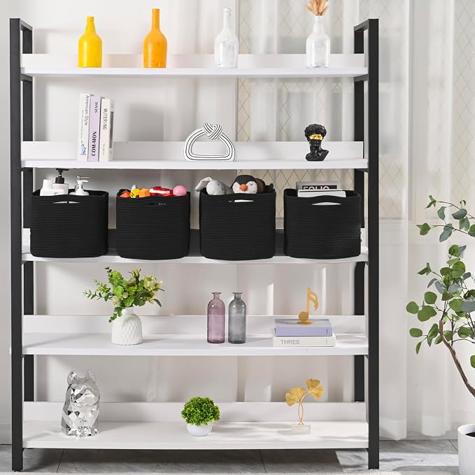 ICERZCZ Woven Cotton Rope Storage Baskets for Organizing & Shelves, Organization Bins for Dog Toys, Clothes, Books, Nursery Organizer, 15"x11"x9", Black (4 Packs)