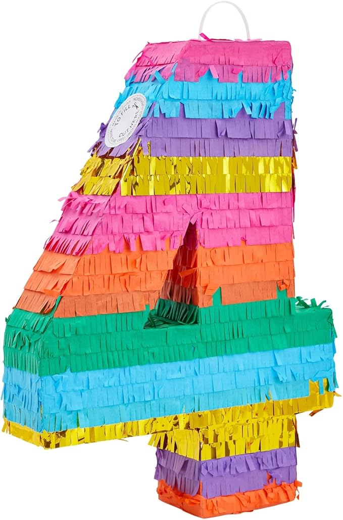 BLUE PANDA Number 4 Pinata - Vibrant Rainbow 4th Birthday Party Decorations | Multicolored Tissue Paper Fiesta Party Supplies | Large 12 x 17 x 3 Inches