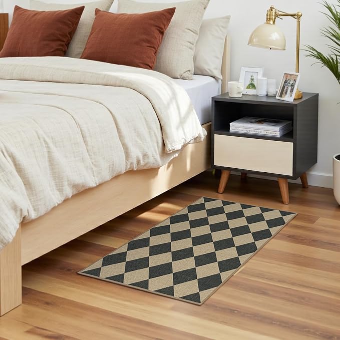 Lessymo Checkered Easy Jute Entryway Rug, 2x3 Washable Non Slip Door Mat | Non Shed Indoor Outdoor Carpet for Kitchen Porch Bathroom Bedroom Bedside, Kid Pet Friendly, Diamond Black/Beige Area Rug