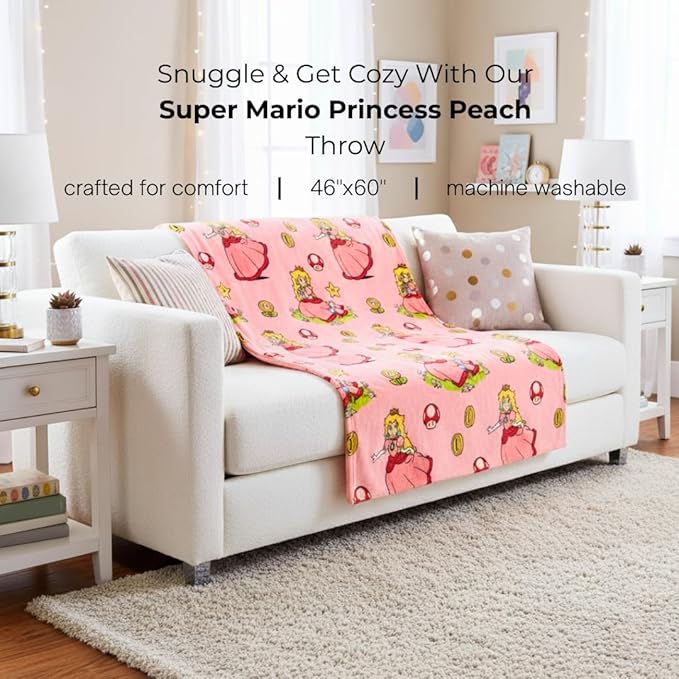 Nintendo Super Marios Bros. Gaming Princess Peach Girl Bedding Super Soft Silk Touch Throw, 46 in x 60 in, (Officially Licensed Product)