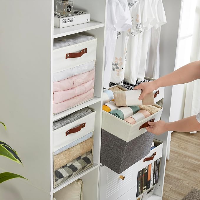 Bagnizer Storage Cubes, 4 Pack Linen Foldable Storage Bins (13 x 13 inch) with Clear Window and 2 Handles, Closet Organizers and Storage for Shelf Closet, Clothes, Books - (Gray and White)