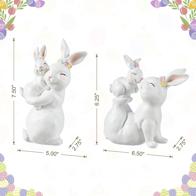 Glitzhome Easter Decorations Bunny Figurine, Set of 2 Resin Mother and Baby Rabbit Tabletop Centerpiece for Spring Home Indoor & Outdoor Decor