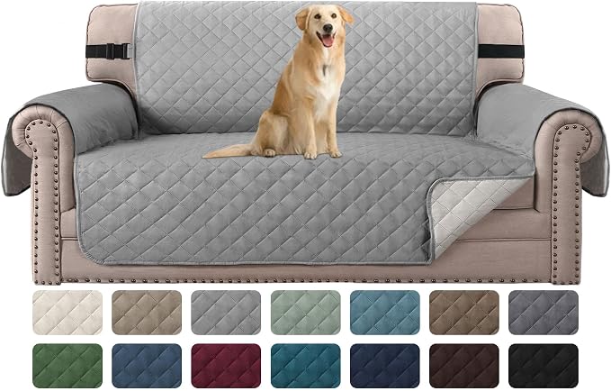 H.VERSAILTEX Reversible Loveseat Cover Water Resistant Furniture Protector for Dogs Non Slip Couch Cover with Elastic Strap Washable Loveseat Slipcover(Oversized Loveseat, Light Grey/Beige)