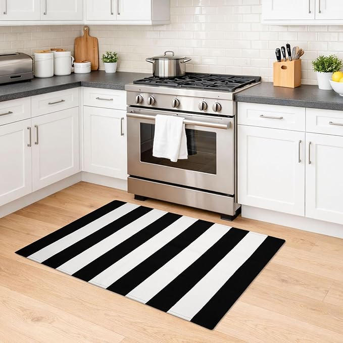 KILOCOCO Black and White Striped Rug 2.3'x3.6' Indoor Outdoor Rugs Front Door Mat Hand Woven Cotton Washable Striped Layered Doormats for Front Porch/Kitchen/Farmhouse/Entryway/Patio | Indoor Outdoor Rug, Cotton Layered Doormats, Low Pile Front Porch R...