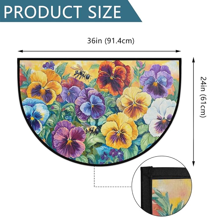 cfpolar Spring Retro Bee Flower Half Round Door Mat Indoor Entrance Half Circle Area Rug Semi Circular Door Mat Half Moon Rug for Floor Bathroom Living Room Bedroom Kitchen Fireplace 24"x36",A-07