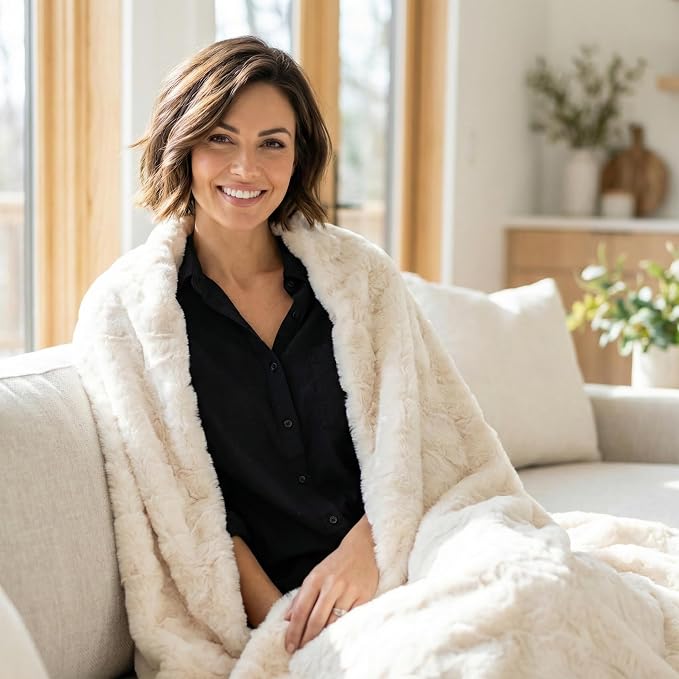 Americanflat Faux Fur Throw Blanket - Luxury 50x60 Extra Soft Plush Rabbit Fur, Reversible & Machine Washable Cozy Throw for Bed, Couch, Sofa, or Living Room Decor - Ivory, Cream, White