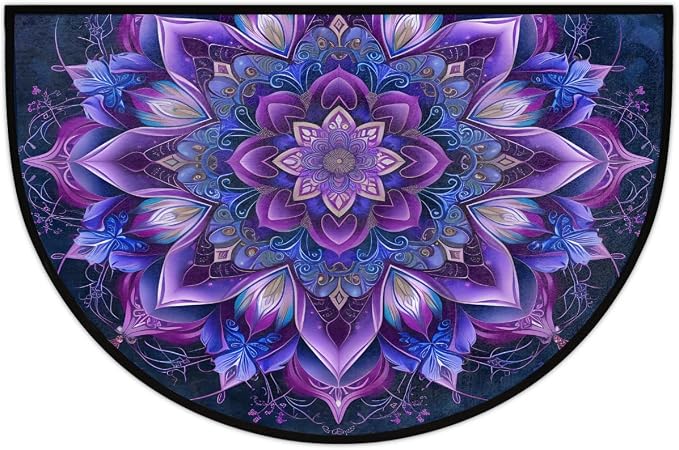Mandala Half Round Doormat Non-Slip Semi Circle Rug Half Moon Mat | Ethnic Purple Flower Washable Soft Absorbent Indoor Outdoor Entrance Kitchen Bathroom Sink Patio Welcome Fireplace Floor Rug