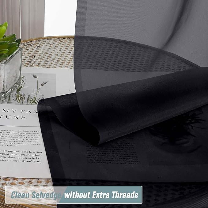 Black Small Sheer Curtains 2 Panels Set, Kitchen Curtains 36 Inch Length, Elegant Light Filtering Short Window Drapes for Living Room Bedroom, Dual Rod Pocket Design, 2x42Wx36L Inches