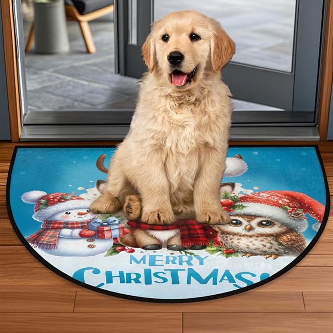 Christmas Xmas Half Round Door Mat Christmas Xmas Animal Snowman Half Moon Rug Washable Half Circle Area Rugs Indoor Entrance Non Slip Semi Circle Rugs Floor Carpet for Kithen Bedroom Decorate Gift