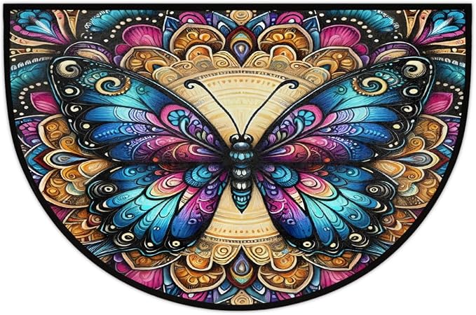 Butterfly Boho Colorful Half Round Door Mat Non-Slip Semi Circle Rug Washable Half Moon Floor Rug Absorbent Bathroom Area Rugs for Outdoor Indoor Fireplace Mat Entryway Kitchen Decor Rugs