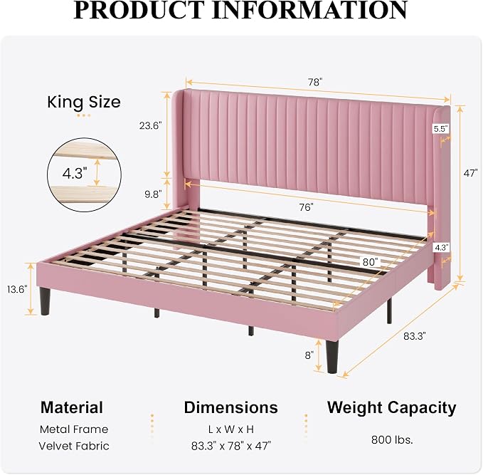 SHA CERLIN King Size Velvet Bed Frame, Tufted Wingback Headboard, Pink | 47'' Modern Vertical Channel Headboard, Upholstered Platform Bed, Wood Slats, No Box Spring Needed, Easy Assembly, Noise Free