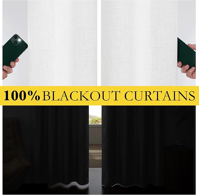 NICETOWN 100% Absolutely Blackout Linen Curtains with Thermal Insulated Liner, Greyish White, 62" Wide, 84" Length Energy Saving Curtains for Living Room 2 Panels Set, Vertical Blinds