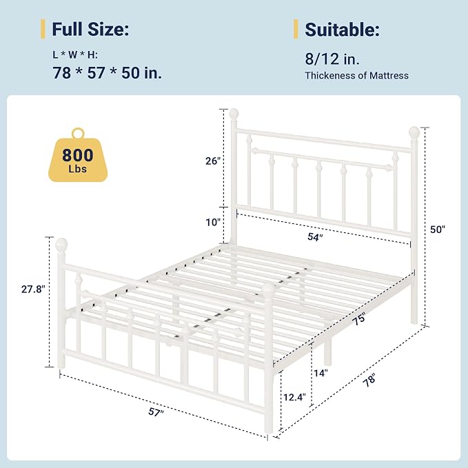 Allewie 14'' Full Size Metal Platform Bed Frame, Vintage Headboard, White | 50'' Tall Victorian Headboard/Footboard/Mattress Foundation/Under Bed Storage/No Box Spring Needed/Easy Assembly/Noise Free