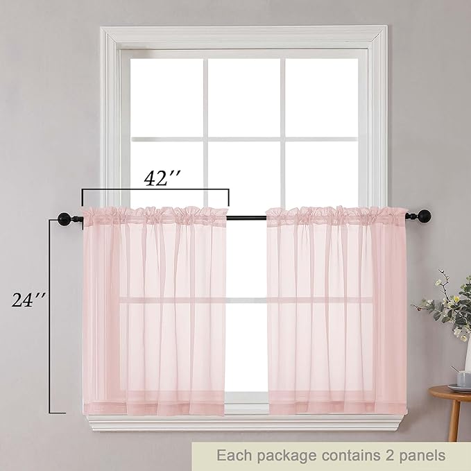 Kitchen Curtains 24 Inch Length Tier 2 Pieces, Blush Sheer Curtain Solid Soft - Image 2