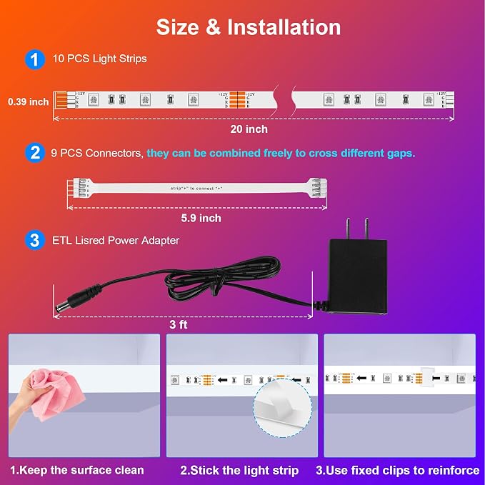 maylit 10 PCS RGB Under Cabinet Lights with App and Remote Control | Music-Sync Color-Changing LED Strips with ETL Listed Power Adapter for Cabinets, Counters, Shelves and Bookcases, 16.4 ft