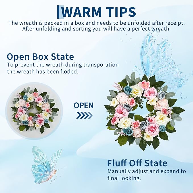Garvee 20 Inch Spring Wreaths for Front Door, Artificial Pink Rose Wreath | with Colorful Florals and Eucalyptus Foliage, for Home Wall Window Wedding Party Indoor Outdoor Decor