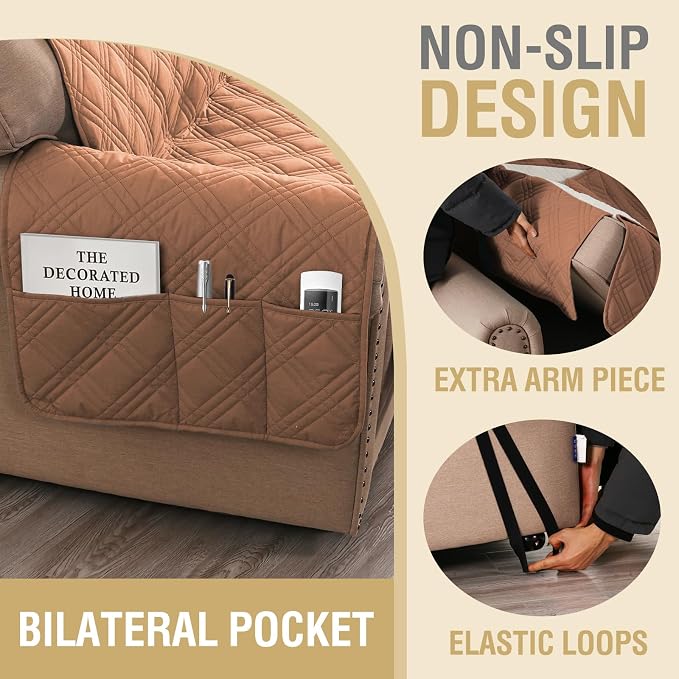 H.VERSAILTEX 100% Waterproof Arm Chair Covers Slipcover Modern Chair Slip Covers with Arms Living Room Chair Covers with Elastic Straps for Dog (Chair, Terracotta/Beige)