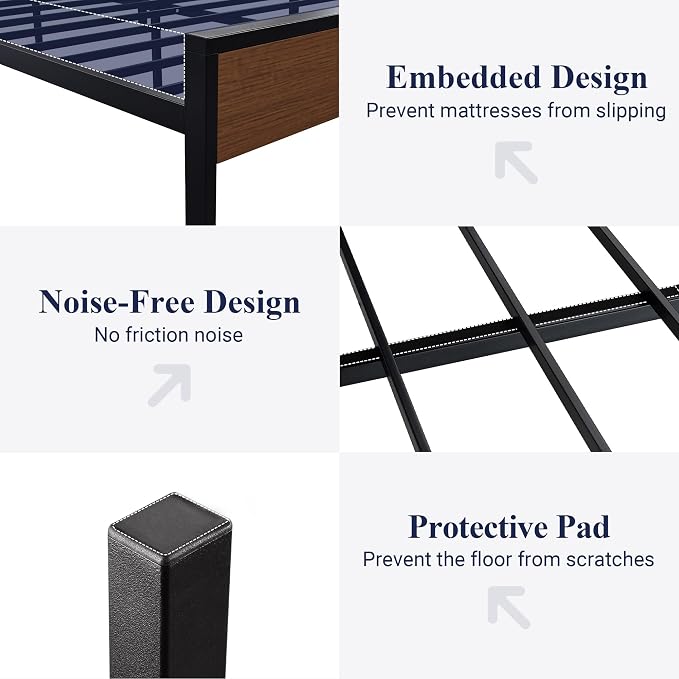 Allewie King Size Bed Frame, Heavy Duty 12 Metal Slats Support, Walnut | Wooden Headboard and Footboard, Modern Platform Bed, No Box Spring Needed, Under-Bed Storage, Noise Free, Easy Assembly