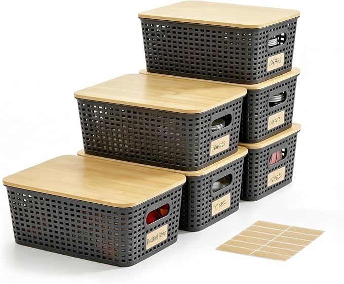 Bagnizer Small Plastic Storage Bins with Bamboo Lids 5.2qt Stackable Box Basket Pantry Decorative Containers Cute with Lable for Organizing Desktop Closet Office Gray of 6 packs 10 * 7.2 * 4.1"