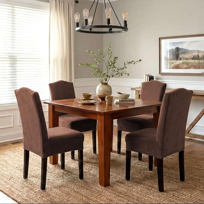 H.VERSAILTEX Velvet Dining Chair Covers Stretch Chair Covers for Dining Room Set of 4 Parson Chair Slipcovers Chair Protectors Covers Dining, Soft Thick Solid Velvet Fabric Washable, Caramel Cafe