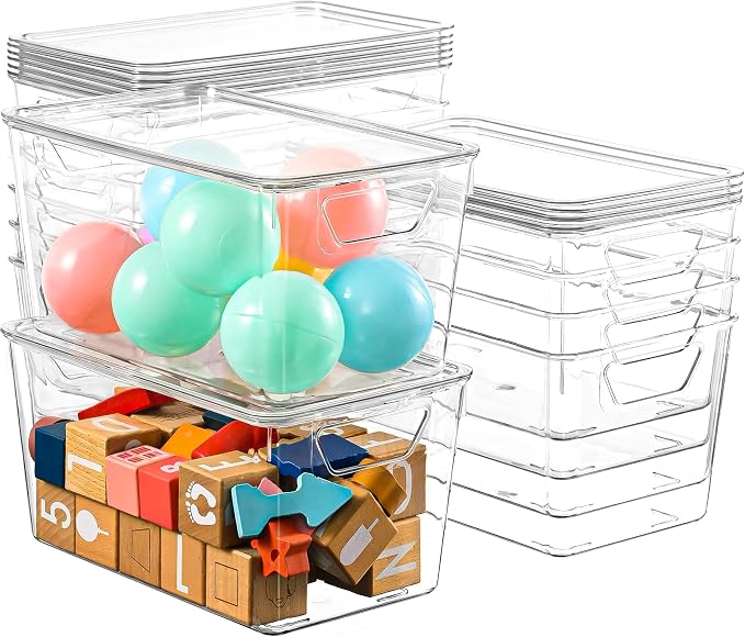 Freebat 12 Pack clear storage bins with lids, Middle pantry organizer bins | stackable Plastic Storage Containers, pantry Organization for Office, Bedroom, cabinet, Fridge,Kitchen Organization