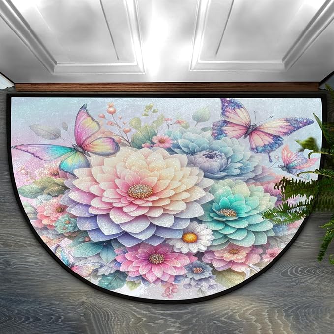 Flower Half Round Doormat Non-Slip Semi Circle Rug Half Moon Mat | Butterfly Rainbow Washable Soft Absorbent Indoor Outdoor Entrance Kitchen Bathroom Sink Patio Welcome Fireplace Floor Rug