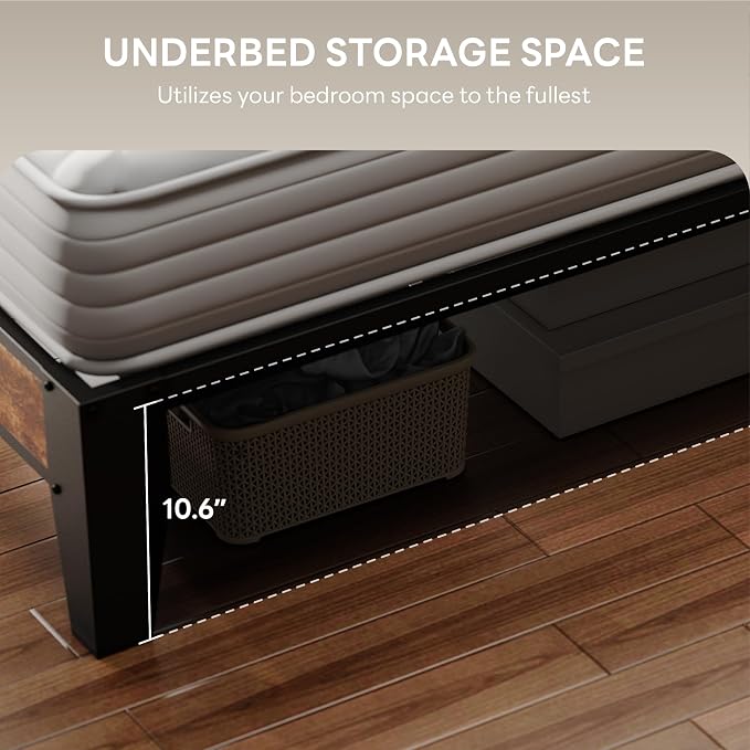 LIKIMIO Queen Bed Frame, Storage Headboard with Charging Station, Solid and Stable, Noise Free, No Box Spring Needed, Easy Assembly (Vintage and Black)