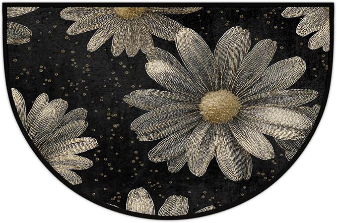 Daisy Half Round Door Mat Semi Circle Rug Half Moon Doormat | Soft Washable Black Elegant Welcome Entrance Mat for Outdoor Indoor Floor Bedroom Bathroom Home Kitchen Festival Decor