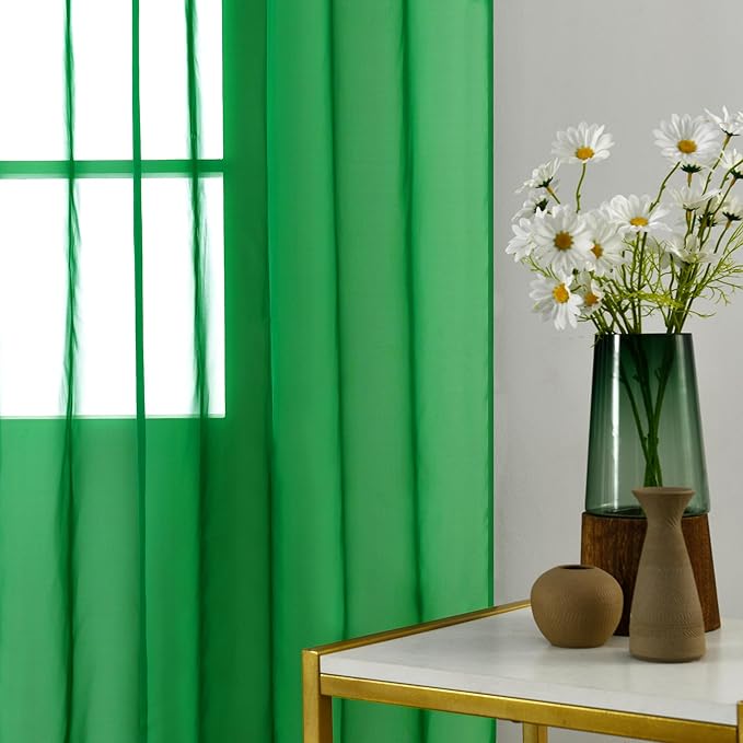 youleyar Solid Sheer Rod Pocket Curtain Voile Draperies 2 Panels White Beige Black Grey Coffee 52 Inch Width 54 Inch Long 1 Pair for Kitchen Bedroom Children Living Room Yard (Green,52Wｘ54L)