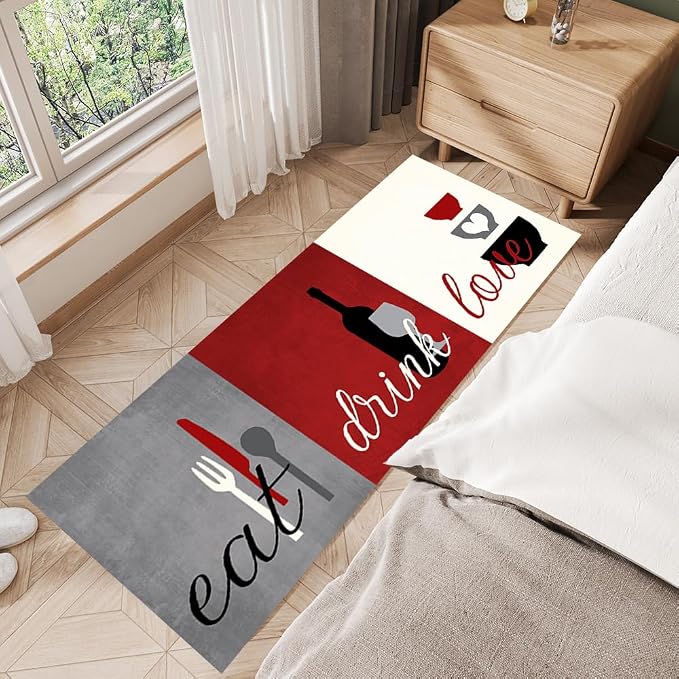 GUBIYU Red Gray Long Kitchen Dining Room Runner Non Skid Washable Eat Drink Love Area Rugs Motto Design Rustic Non Slip Bathroom 23.6"x59"