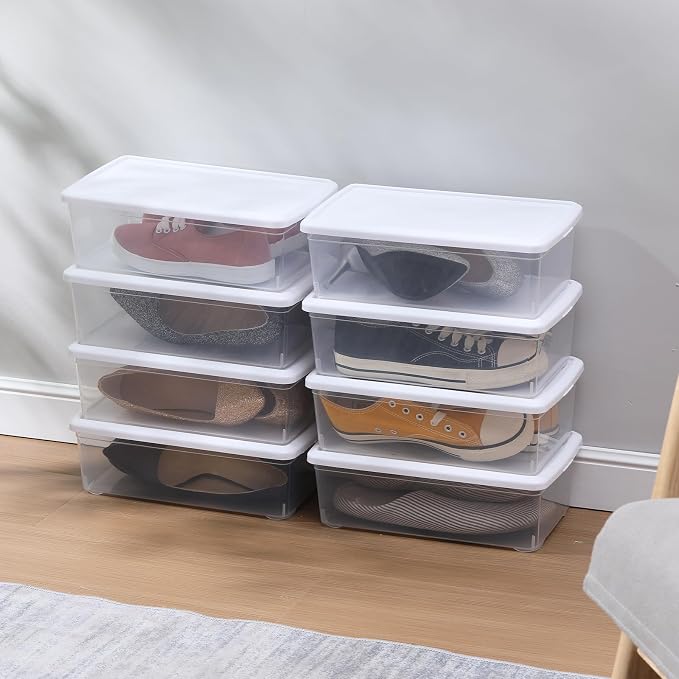 novelinks 8 Pack 6 Quart Clear Plastic Shoe Storage Bins with Lids (White) | Shoe Boxes Clear Plastic Stackable, Clear Shoe Storage Boxes, Shoe Containers, Shoe Bins, Craft Organizers and Storage