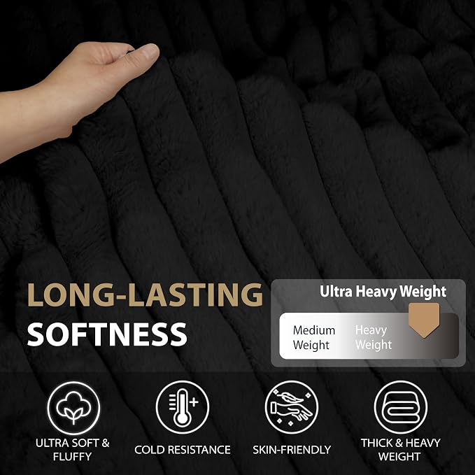 DEZ FURNISHINGS Luxury Reversible Textured Stripe Faux Fur & Velvet Throw Blanket, Twin (66" x 90"), Black