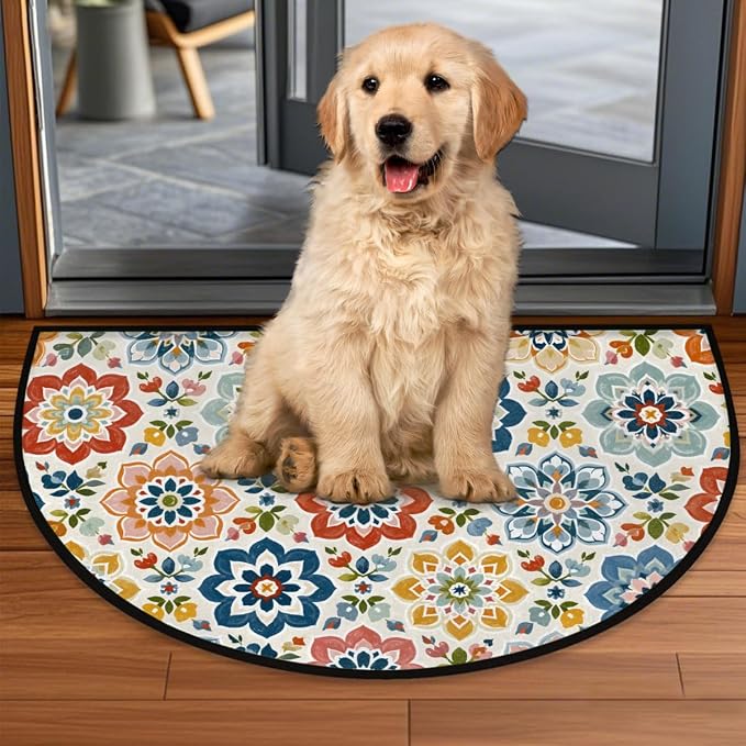 Bohemian Half Round Door Mat Outdoor Doormat Bedroom Entrance Rug A2 | Bohemian Flower Floral Semi Moon Door Mat Non-Slip Absorbent Kitchen Rug Indoor Welcome Bath Mat 36" X 24"