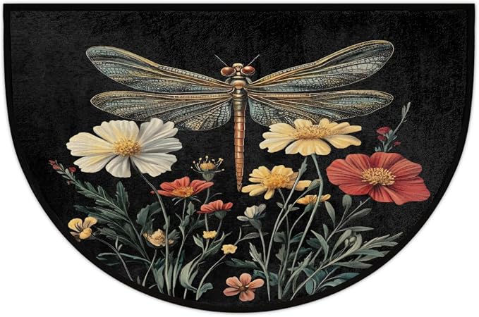 Dragonfly Half Round Door Mat Outdoor Doormat Bedroom Entrance Rug A12 | Dragonfly Flower Floral Semi Moon Door Mat Non-Slip Absorbent Kitchen Rug Indoor Welcome Bath Mat 36" X 24"