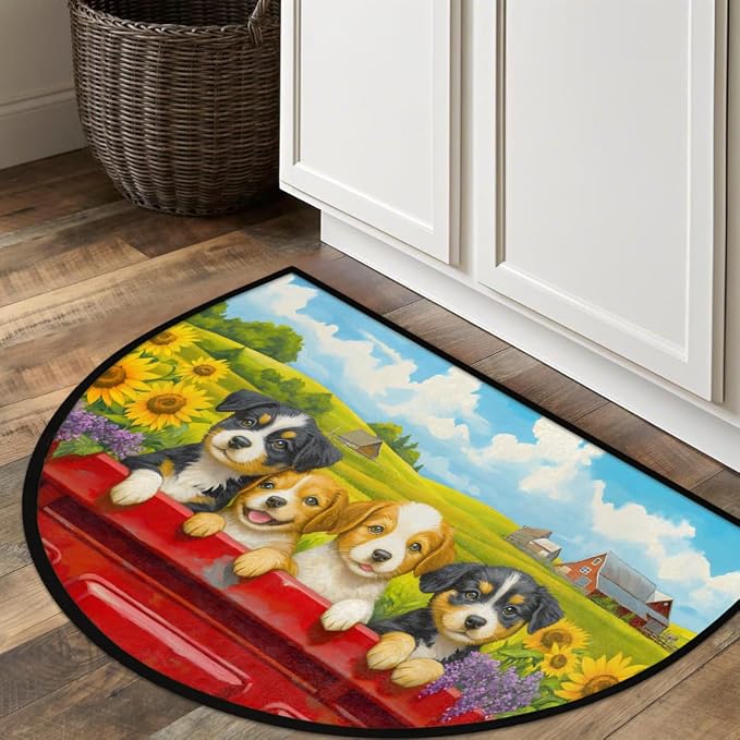 cfpolar Sunflower Cute Dog Half Round Door Mat Indoor Entrance Half Circle Area Rug Semi Circular Door Mat Half Moon Rug for Floor Bathroom Living Room Bedroom Kitchen Fireplace 24"x36",A-03