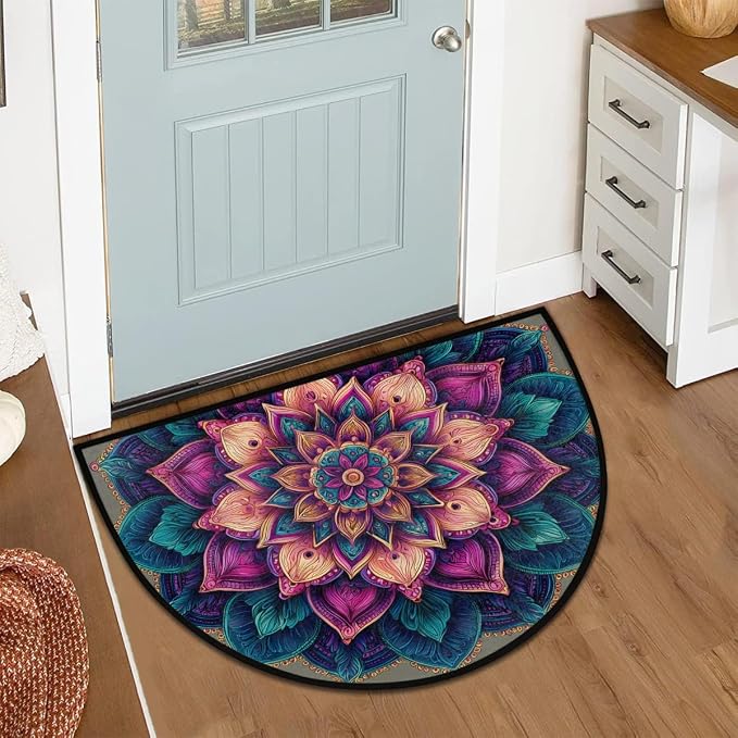 Mandala Retro Half Round Door Mat Semi Moon Rug Fireplace Carpet Area Rugs | Mandala Retro Non Slip Absorbent Half Circle Mat Carpet for Indoor Outdoor Patio Kitchen Bathroom Entryway Home Decor