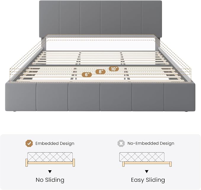 SHA CERLIN King Size Bed Frame, Velvet Upholstered Platform Bed, Vertical Channel Tufted Adjustable Headboard, Low Profile Bed Frame, No Box Spring Needed, Easy Assembly, Grey