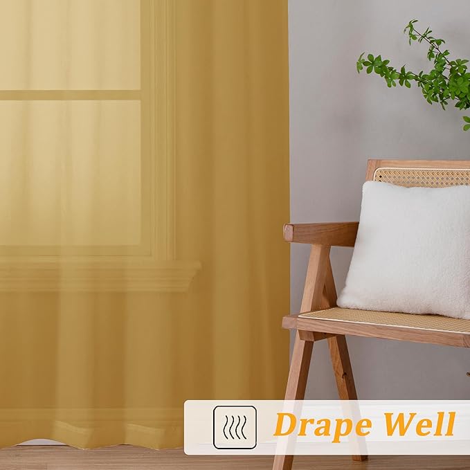 Gwine Gold Sheer Curtains 90 Inches Long 2 Panels Set, Light Filtering Solid - Image 6
