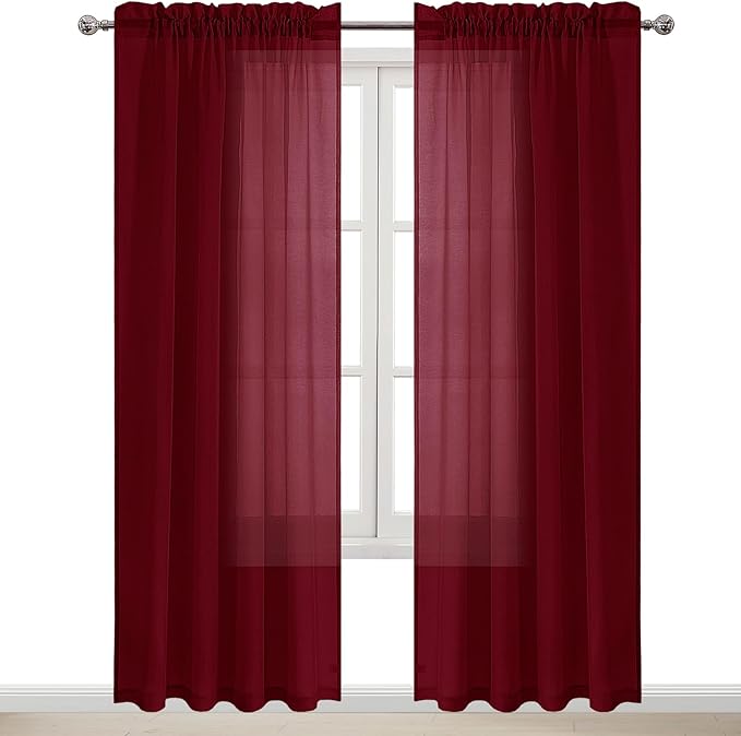 DWCN Christmas Burgundy Sheer Curtains Semi Transparent Voile Rod Pocket - Image 9