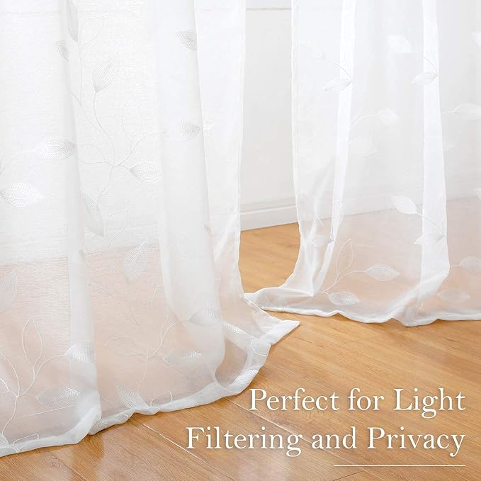 HOMEIDEAS White Sheer Curtains 52 X 63 Inches Length 2 Panels Embroidered Leaf - Image 9