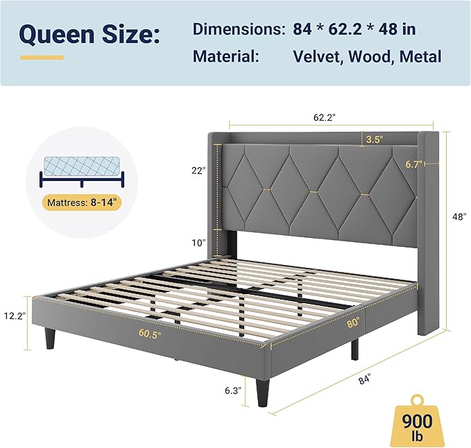 Allewie Queen Bed Frame with Storage Headboard & Charging Station | Diamond Tufted Design & Gold Trim, Velvet Upholstered Platform Bed, No Box Spring Needed, Easy Assembly, Noise-Free, Grey