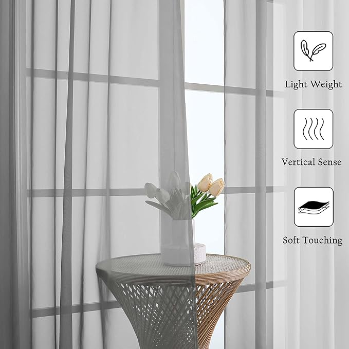 Lecloud Charcoal Grey Sheer Curtains 108 Inches Long 2 Pcs, Airy Light - Image 2