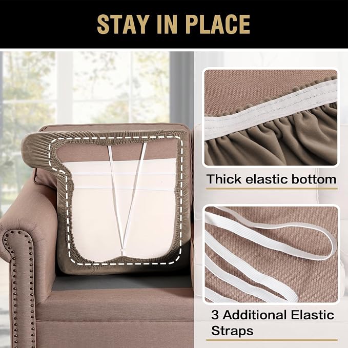 H.VERSAILTEX Stretch Velvet 3 Piece T Cushion Sofa Slipcovers for Living Room Individually Sofa Covers for 3 Cushion Seat Cushion Covers Stay with Elastic Bands (Sofa, Mocha)