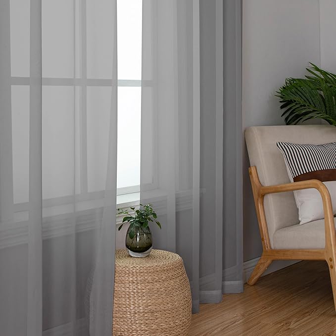 Chyhomenyc Sheer Window Curtains 72 inch Length 2 PCS- Rod Pocket Living Room Curtain Panels Voile Textured Soft and Lightweight Window Treatments for Bedroom Decor, 42W x 72L Inches, Charcoal Grey